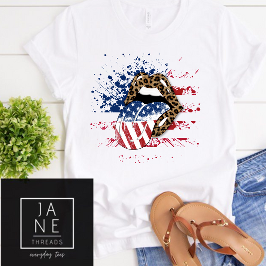 Leopard Print Patriotic Lips | Mom Shirt